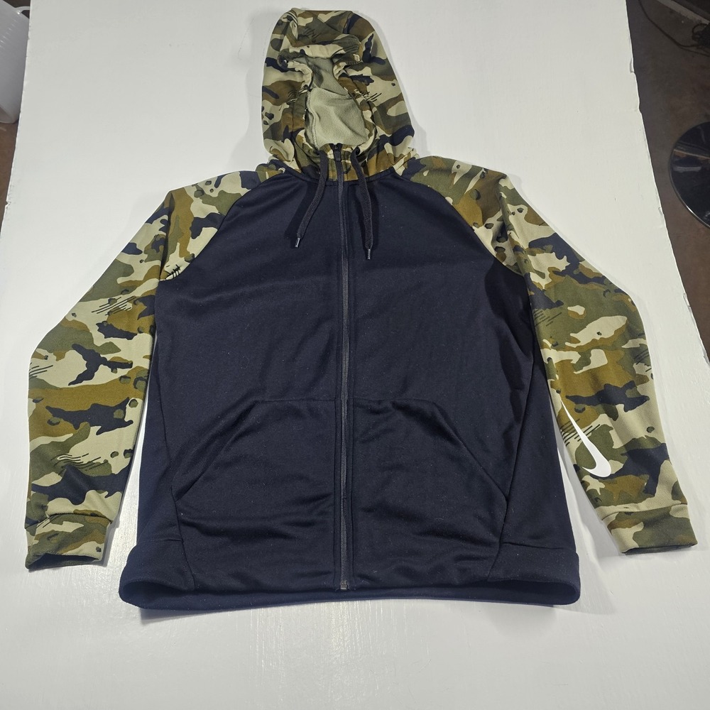 Nike Mens Hoodie Black Camo Size L Full Zip Dri-Fit Training 100% Polyester